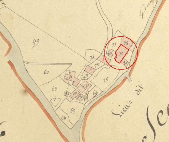 Plan de situation d'après le plan cadastral de 1839, section A4. Echelle d'origine 1/2000e.