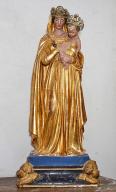 Ensemble : statue de procession de la Vierge à l'Enfant, socle, cœur de dévotion