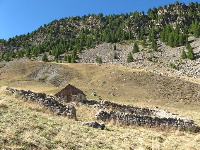 Ancienne cabane de Joyeux avec son enclos empierré (Villars-Colmars).