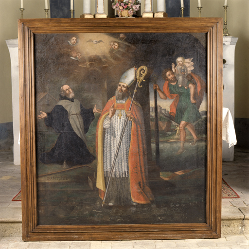 tableau d'autel : Saint Pons (?) entouré par saint Antoine abbé et saint Christophe