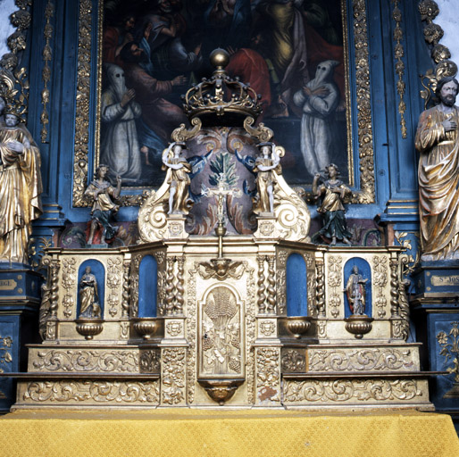 gradins d'autel (2), tabernacle, exposition, statues (4) (tabernacle à ailes et dais d'exposition, tabernacle architecturé)