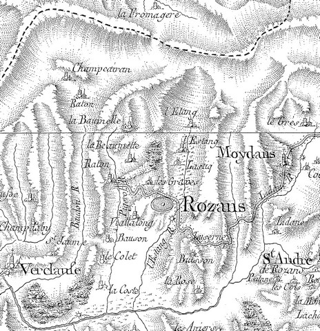 Le territoire de Rosans sur la carte de Cassini (3e quart du 18e siècle).
