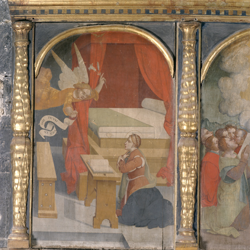 ensemble de 6 tableaux du retable de la Vierge : Sainte Agathe, Saint Laurent, L'Annonciation, La Nativité de la Vierge, La Présentation au temple, L'Assomption