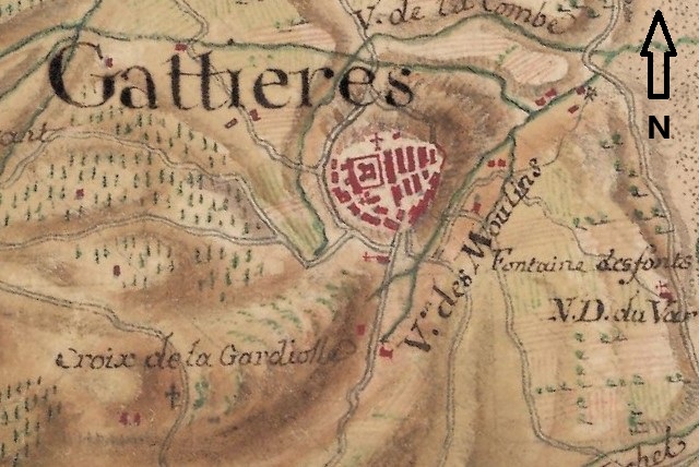 Cartes des frontières Est de la France, de Colmars à Marseille. [Détail de la feuille 194-8 : village de Gattières, 1764-1778].