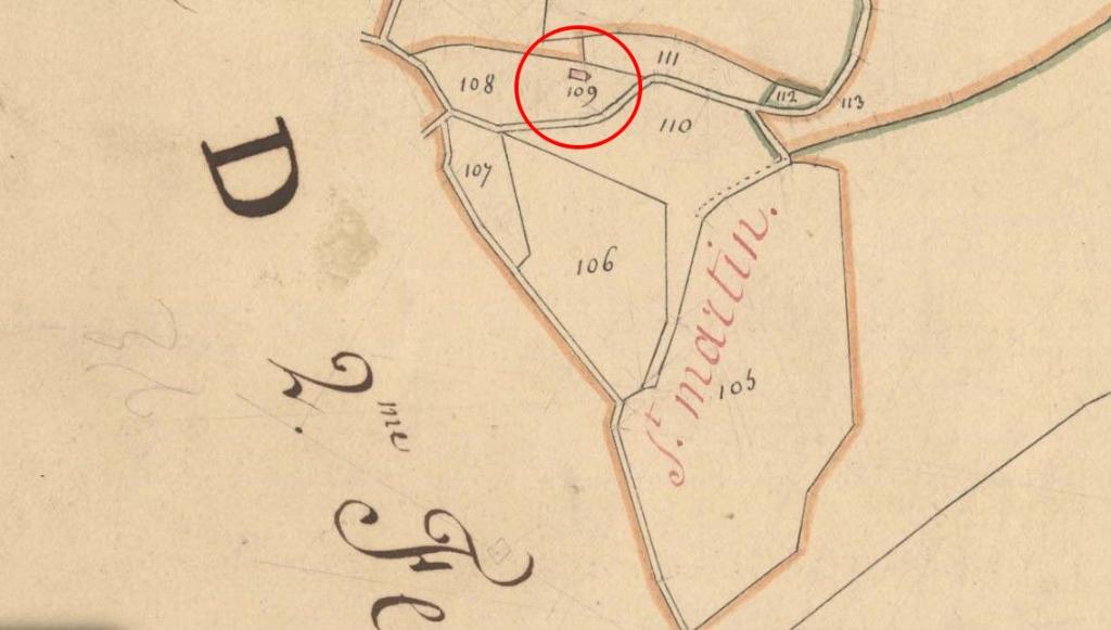 Plan de masse et de situation de la chapelle Saint-Martin dite masure d’après le cadastre de 1830-1831 (section D1, parcelle 109).