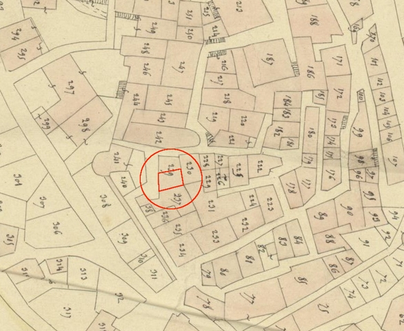 Plan de masse d'après le plan cadastral de 1839, section F1. Echelle d'origine 1/1000e.