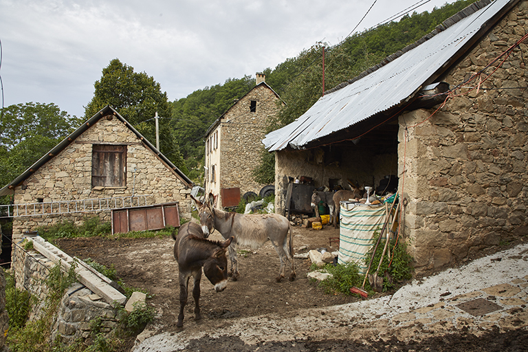 Le Fugeret. Argenton. ensemble agricole dans lequel le fenil de l'entrepôt, desservi par sa baie fenière, donne sur l'aire à fouler et la "cabane".