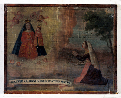 ex-voto, tableau : Prière d'une femme à genoux devant la Vierge de Laghet, Catherine Dani
