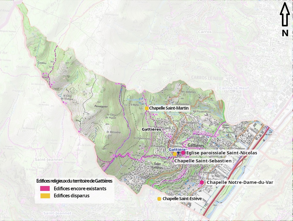 Localisation des édifices religieux sur le territoire de Gattières. 