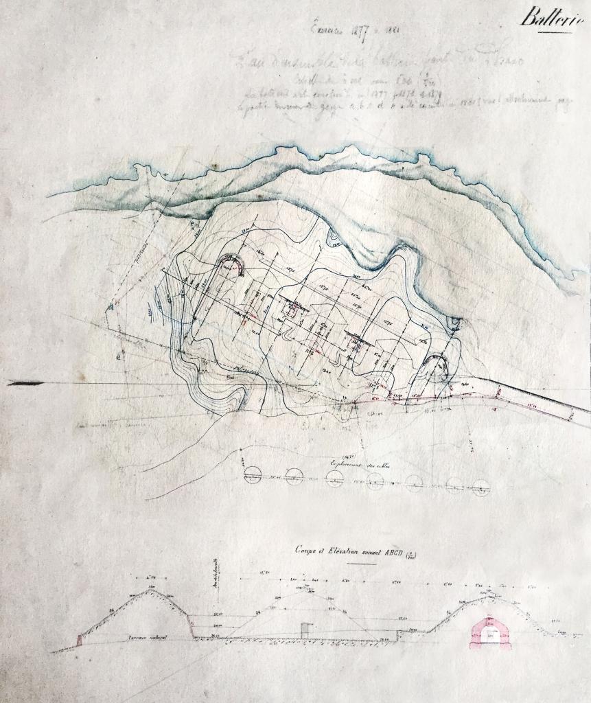 [Plan de la batterie haute du Pharo et profil des traverses], 1877-1879.