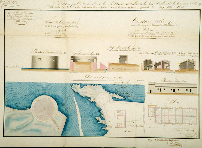 Plans et profils de la Tour de l'Annonciade, de la Tour Vieille et de la caserne. 1819.