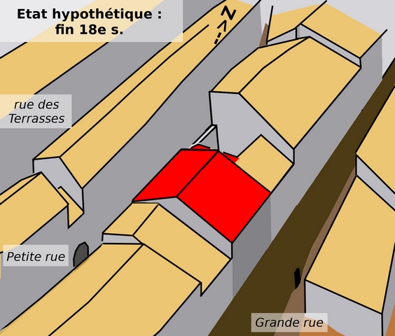 Le bâtiment dans son quartier, état hypothétique : fin 18e siècle.