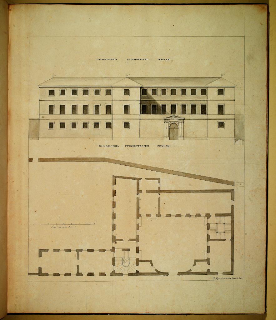 Orthographia ptochotrophii insulani [élévation de la maison de charité de l'Isle, plan], [1680].