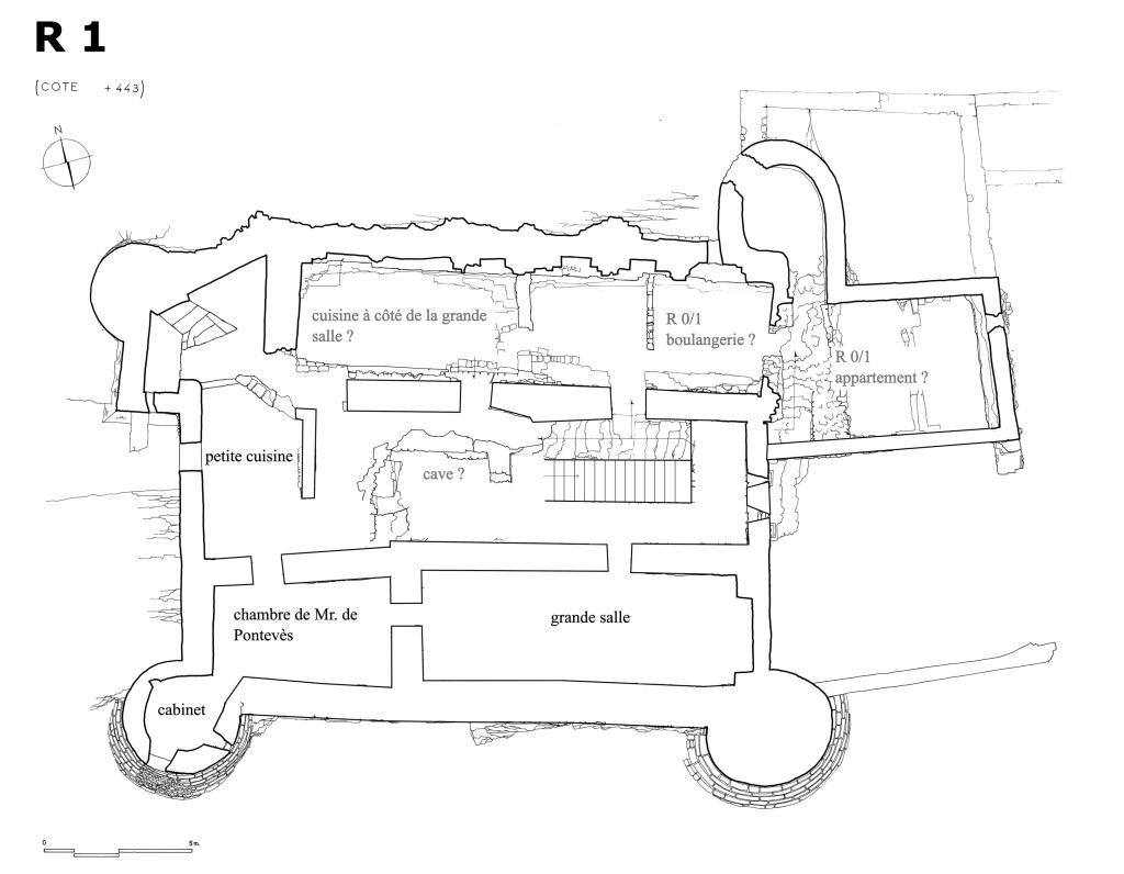 Restitution de la distribution du château en 1792 à partir de l'inventaire du mobilier de César de Pontevès, R1, sur fond de relevé 1968. 