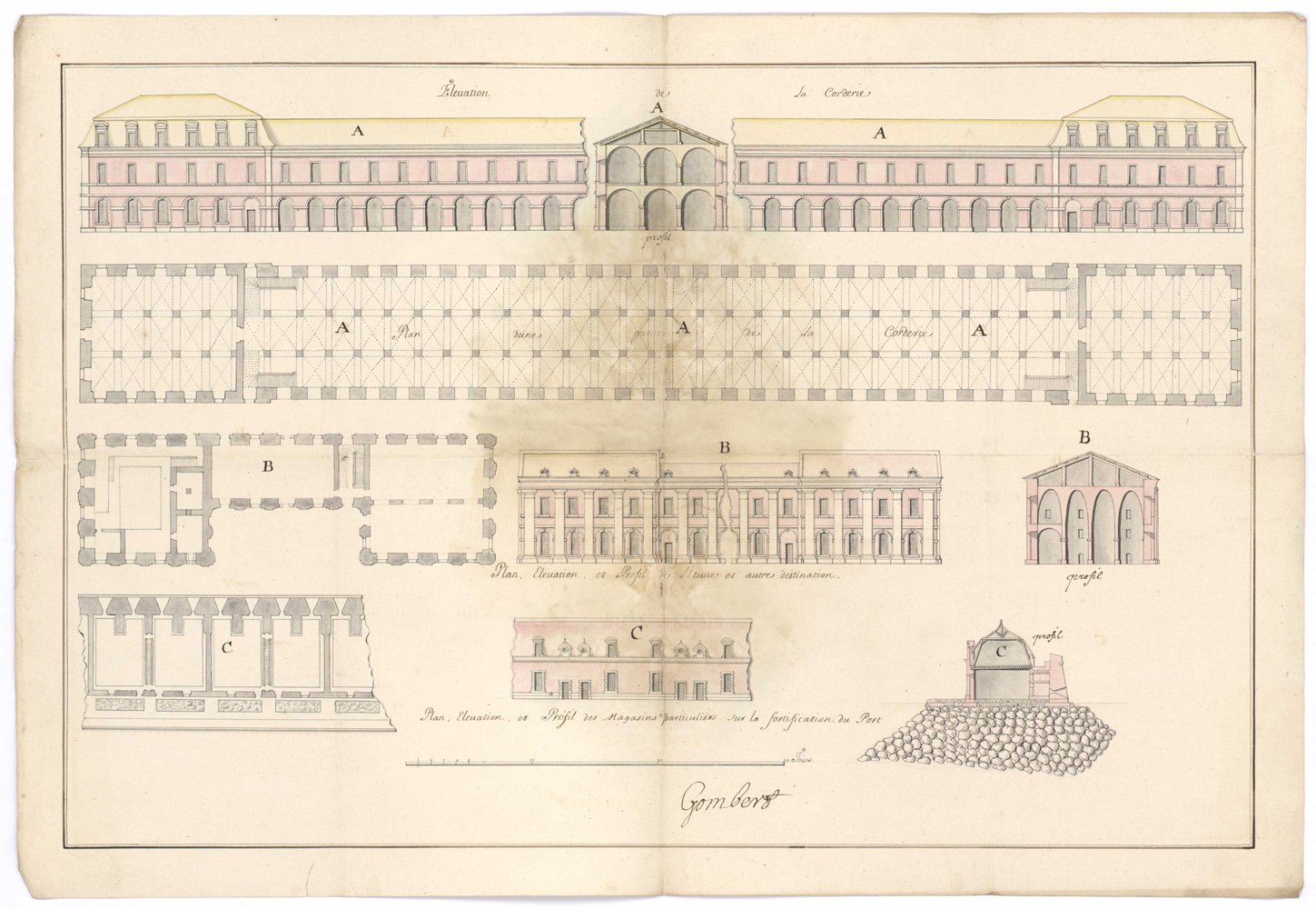 Elévation de la corderie. Plan d'une partie de la corderie. Plan, élévation et profil de l'étuve et autre destination. Plan, élévation et profil des magasins particuliers sur la fortification du port. 1690