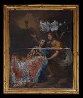 Ensemble de quatre tableaux, cadres : le Christ au Mont des Oliviers, le Couronnement d'épines, Simon de Cyrène aide Jésus à porter sa croix, la Flagellation