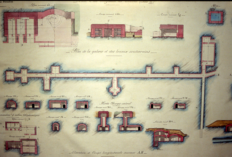[Batterie de la Croix des Signaux. Plans et coupes de la galerie et des locaux souterrains.] 1913.