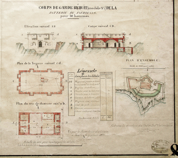 Corps de garde réduit (modèle n°1) de la batterie de Faubrégas pour 30 hommes. [Plans, élévation, coupe] 1875.