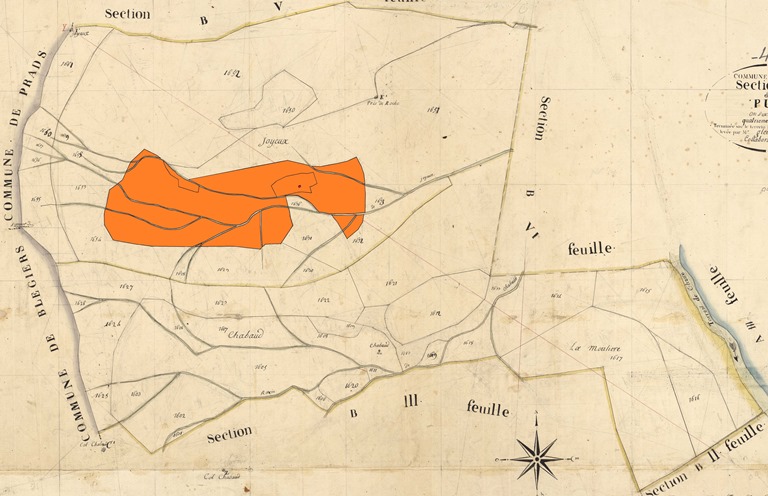 Plan cadastral de la commune de Villars-Colmars, 1827, section B4 : visualisation des parcelles pâturées propriété de Pierre Gravier.