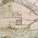 Ecart. Vue détaillée de Plan-de-Bourg, avec  champs cultivés, potagers, mas et cabanes, dont celle appartenant à M.Rebatu.