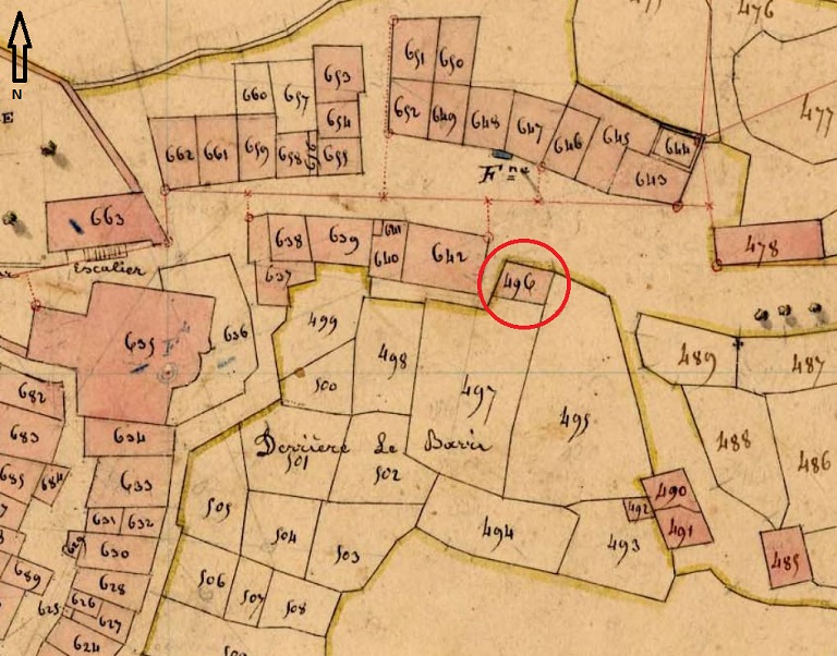 Plan de masse et de situation d'après le cadastre de 1841 (section B, parcelle 496).