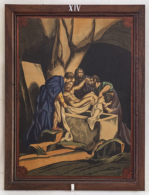Ensemble de deux tableaux (chemin de croix) : Condamnation de Jésus par Caïphe et Mise au tombeau