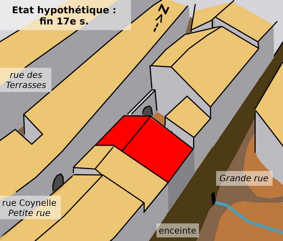 Le bâtiment dans son quartier, état hypothétique : fin 17e siècle.
