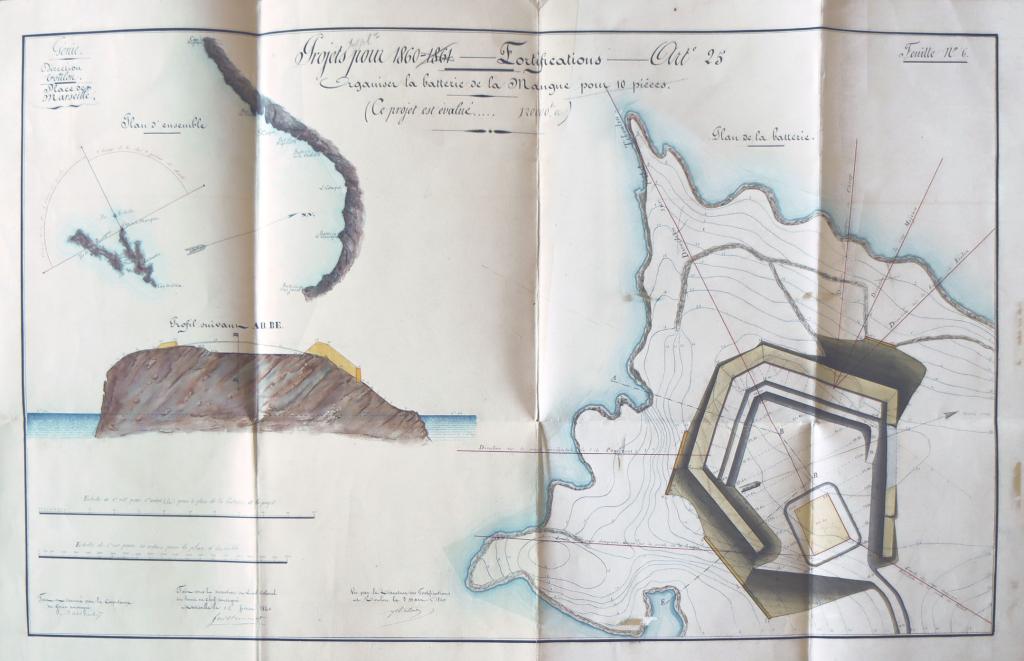 [Plan et coupe du projet d'organisation de la batterie de la Mangue pour 10 pièces],1860.