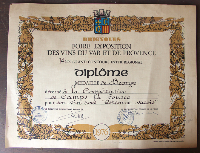 élément d'impression : diplôme médaille de bronze décerné à la coopérative de Camps-la-Source pour son vin rosé Coteaux varois