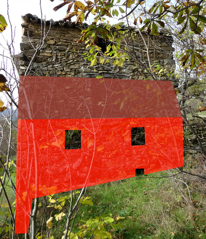 Elévation est. En rouge, le premier état du bâtiment.