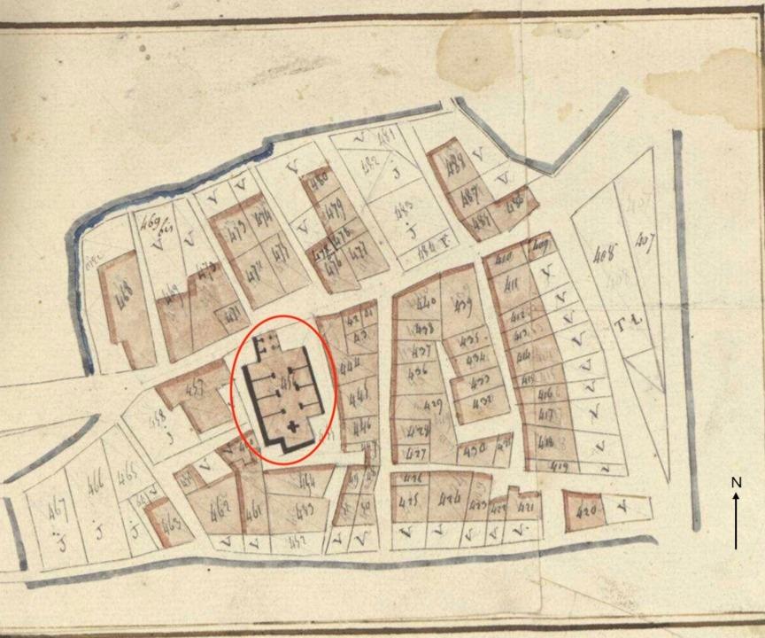 Plan de masse et de situation d'après le cadastre de 1812 (section C, parcelle 456). Echelle d'origine 1/2500.