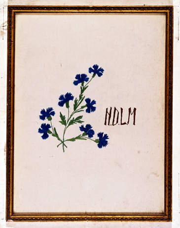 ex-voto, tableau de broderie : Oeillets bleus