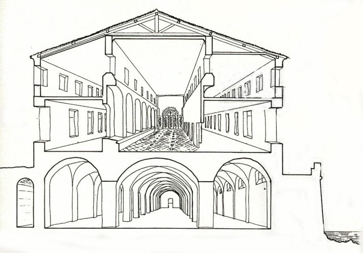 Plan de coupe du bâtiment des galériens laissant voir les trois longues galeries qui séparent le bâtiment ainsi que les salles voutées du rez-de-chaussée.