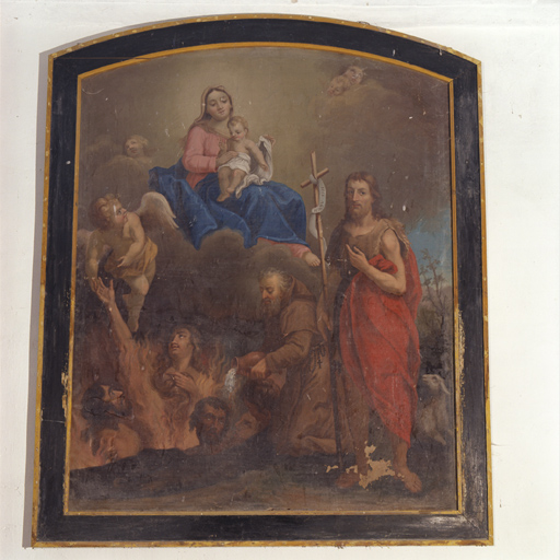 tableau : Les âmes du purgatoire, avec intercession de saint Antoine ermite et de saint Jean Baptiste auprès de la Vierge à l'Enfant