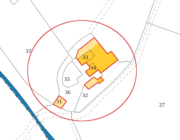 Plan de masse, d'après le cadastre de 2021 (section 000G). Echelle d'origine 1/500e.