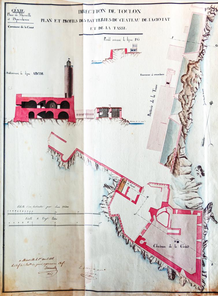 Plan et profils des batteries du château de La Ciotat et de la Tasse, 1818.