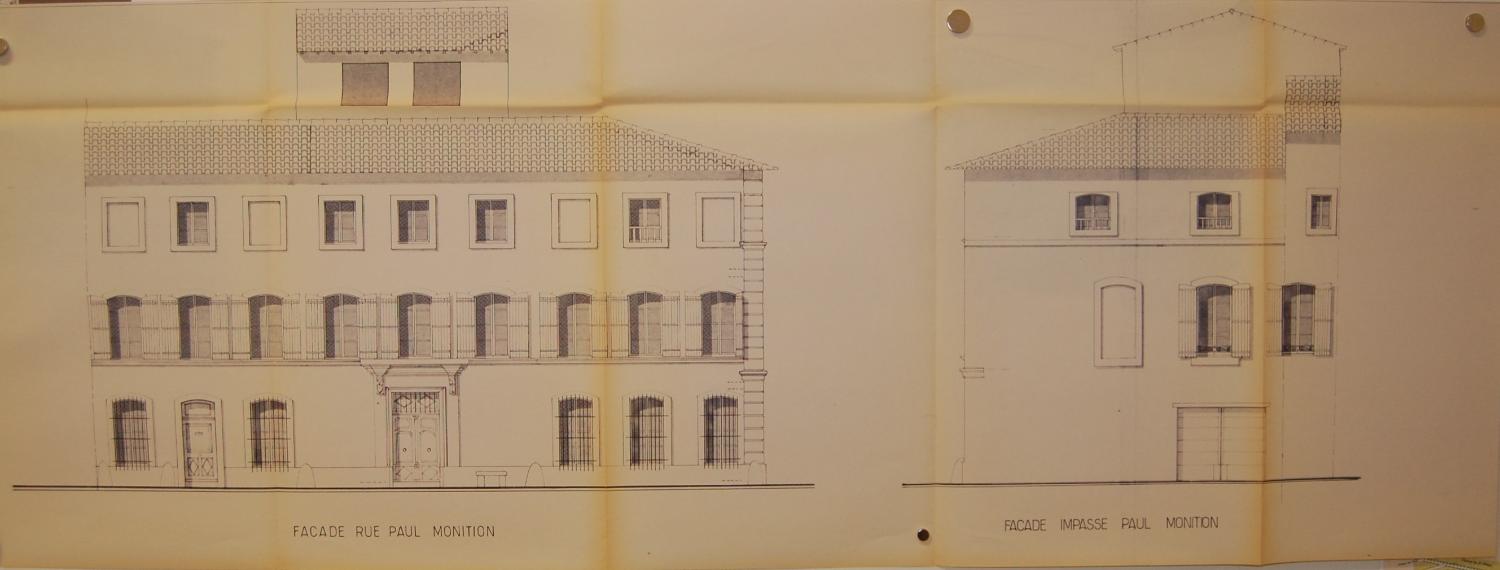 Office public départemental d'HLM de Vaucluse, commune de L'Isle-sur-la-Sorgue, immeuble "Avy", rue Paul Monition, construction de 25 logements, état actuel, façades sur rue "Paul Monition", 1986.