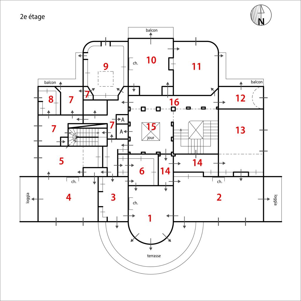 Plan schématique du deuxième étage avec numérotation des pièces correspondant aux notes de terrain prises en 1995.