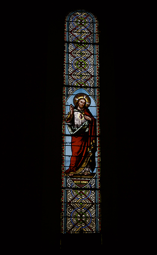 Ensemble des six verrières des murs gouttereaux de la nef (verrières à personnage) : Vierge à l'Enfant, Christ du Sacré Chœur, saint Joseph, saint Jean-Baptiste, saint Sébastien, sainte Germaine