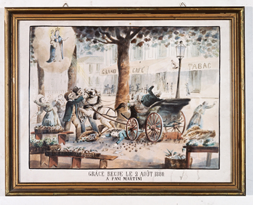 ex-voto, tableau : Accident de voiture hippomobile sur un marché, Fani Martin