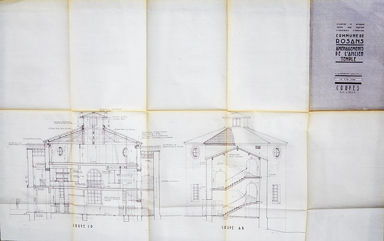 Aménagements de l'ancien temple de Rosans. Coupes (relevé, 1985).