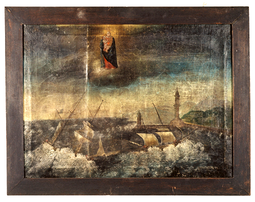 ex-voto, tableau : Bateaux assaillis par les vagues à l'entrée d'un port, le brick sconner La Miséricorde et le sabeck Notre-Dame-des-Grâces