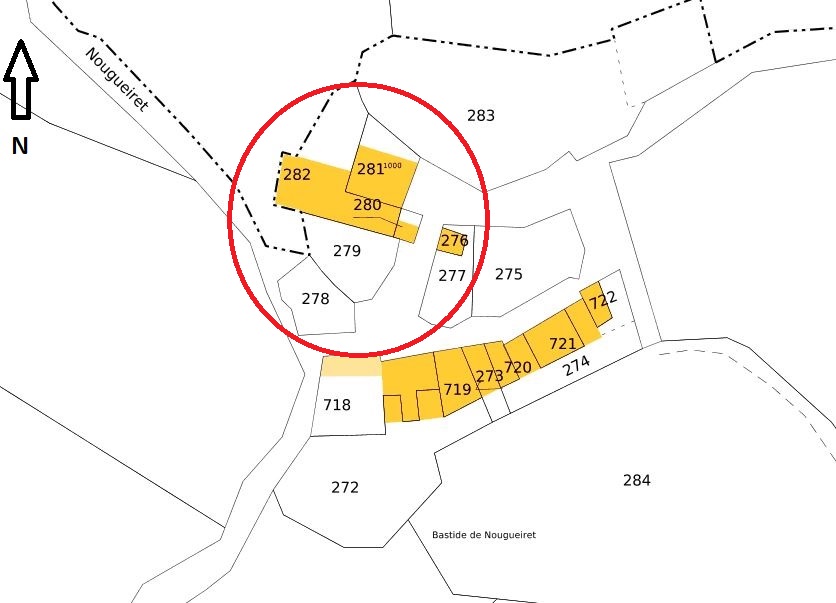 Plan de masse et de situation d'après le cadastre de 2023 (section E, parcelles 276 à 283). 