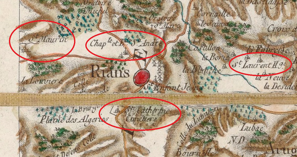 Carte de France dite carte de Cassini, 3e quart 18e siècle. [St Maurin ; Chapelle et bastide St André ; Ste Catherine cimetière ; St Laurent Hermitage].
