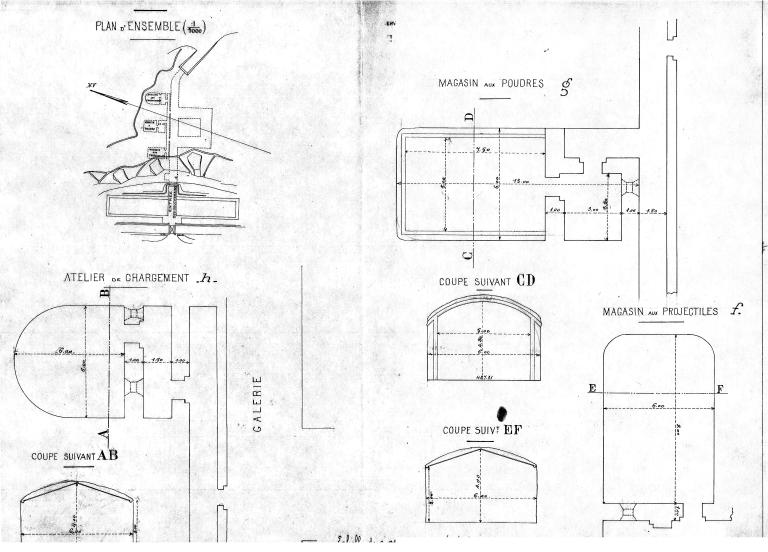 [Souterrain et magasins caverne du Gros Cerveau, plan de situation et détail magasin à poudres et atelier de chargement]. vers 1900.