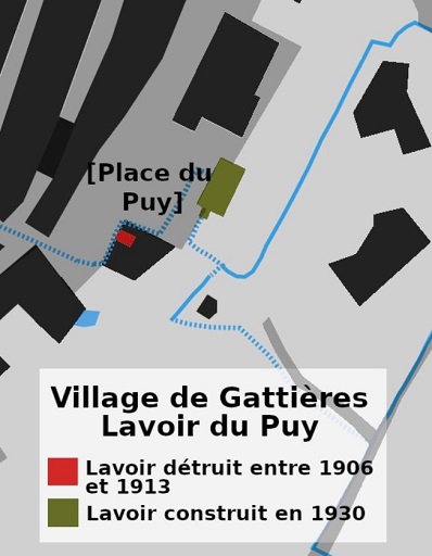 Village de Gattières. Lavoir du Puy, lavoir détruit entre 1906 et 1913 et lavoir nouvellement construit en 1930.