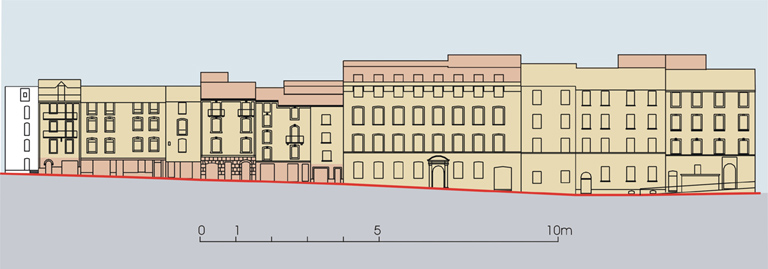 Elévation des façades du boulevard Saint-Michel distinguant les parties agricoles et / ou commerciales et les logements.