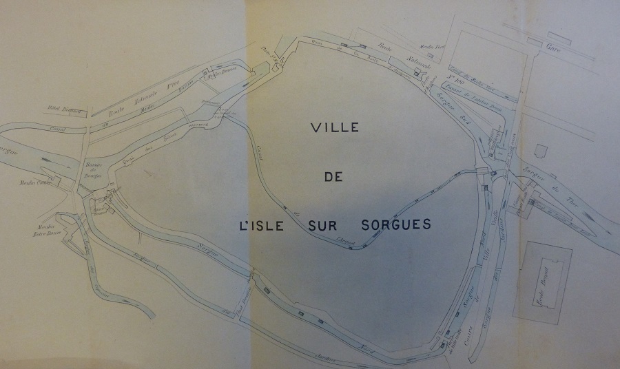 [Plan de la] ville de l'Isle sur Sorgue, [à droite, l'emplacement du Moulin vert, de l'usine Vallabrègues et celle d'Emile Brun, 1893].
