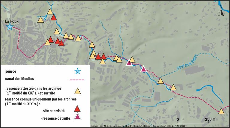 Implantation des moulins à ressence alimentés par la Foux