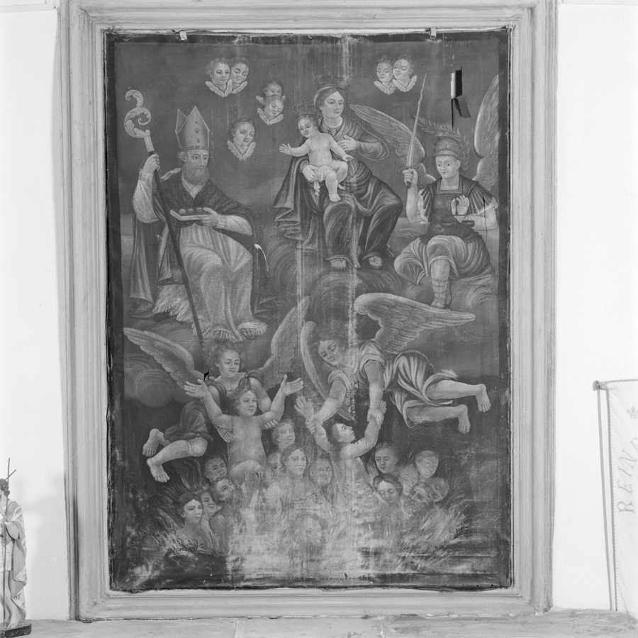 tableau : Vierge à l'Enfant, saint Etienne, saint Michel et âmes du Purgatoire